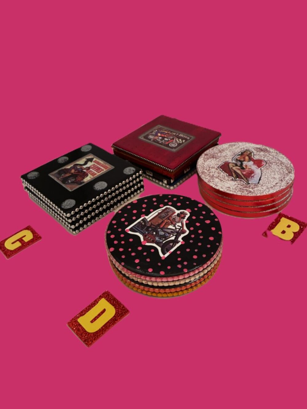 SUEÑOS de Saundra Upcycled, Ceramic Coasters, 4 Biker Girls Collection